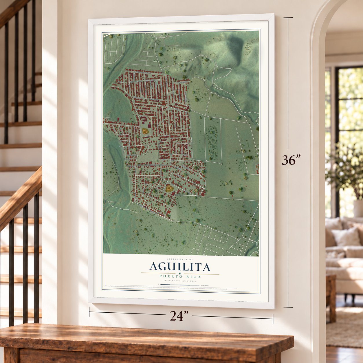 Aguilita, Puerto Rico map, 24 x 36 inch print in a white frame by a staircase