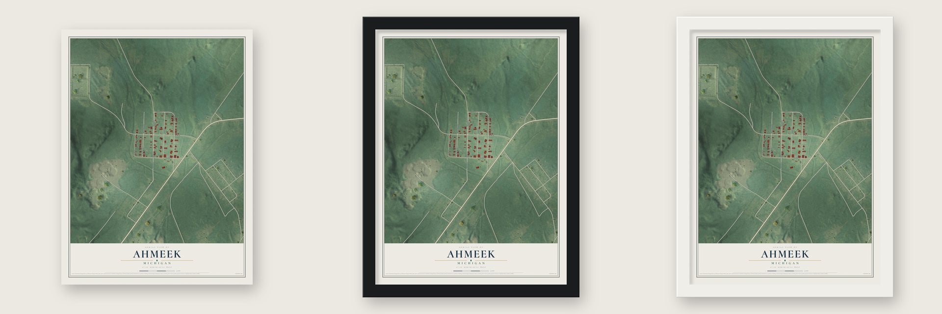 Ahmeek, Michigan map unframed, in a black wood frame and in a white wood frame