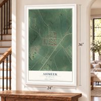 Ahmeek, Michigan map, 24 x 36 inch print in a white frame by a staircase