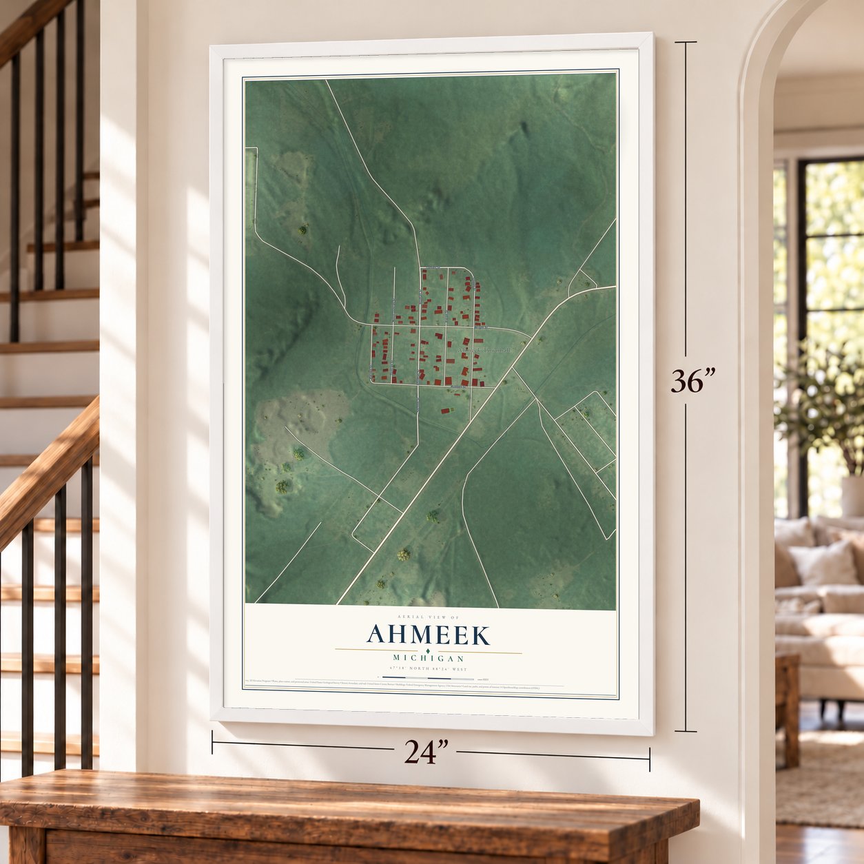 Ahmeek, Michigan map, 24 x 36 inch print in a white frame by a staircase