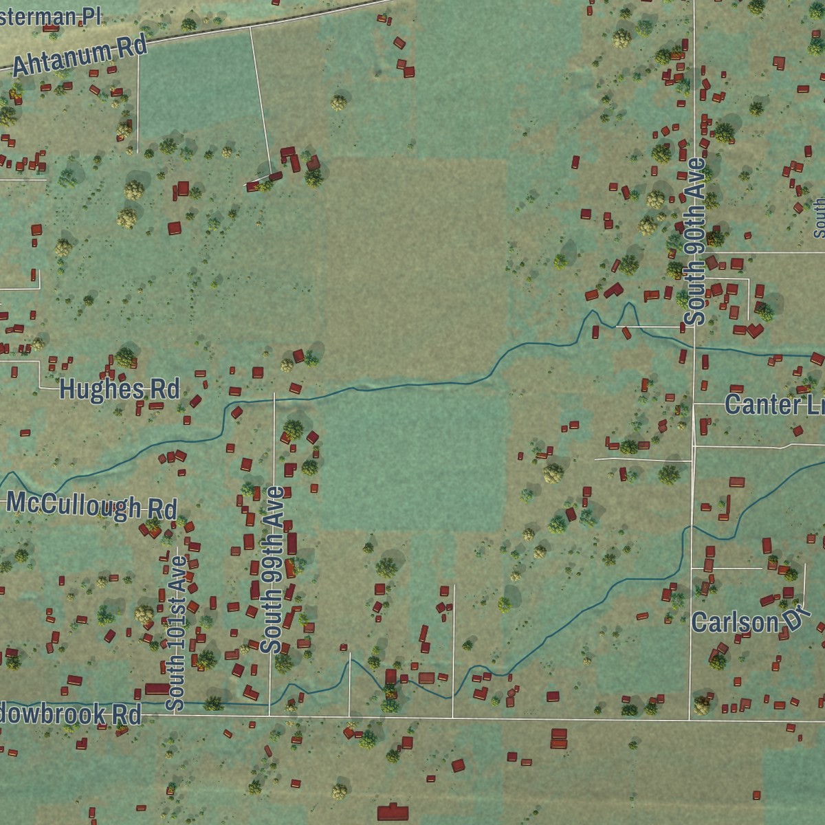 Second close-up of the map of Ahtanum, Washington print showing more streets and buildings