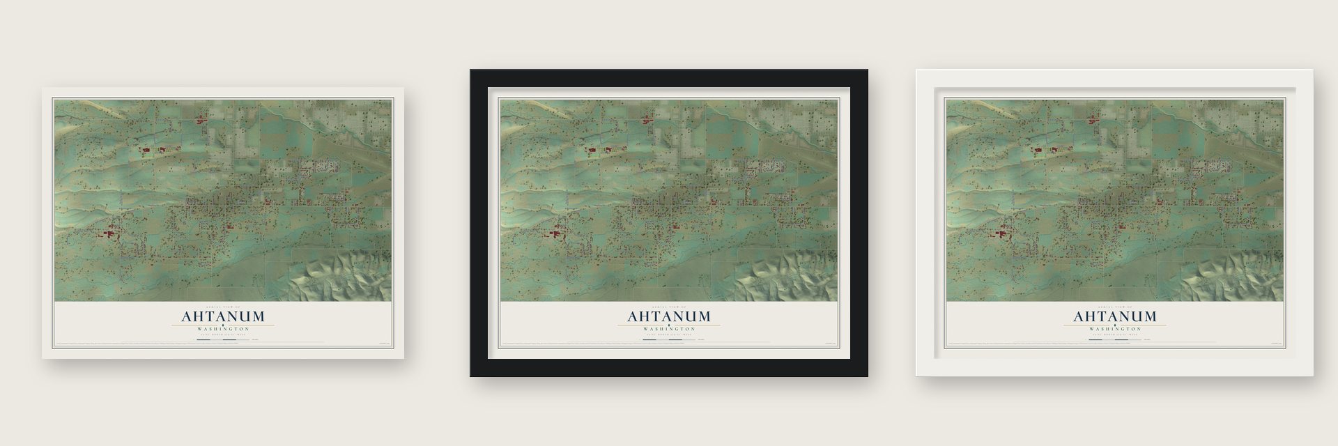 Ahtanum, Washington map unframed, in a black wood frame and in a white wood frame