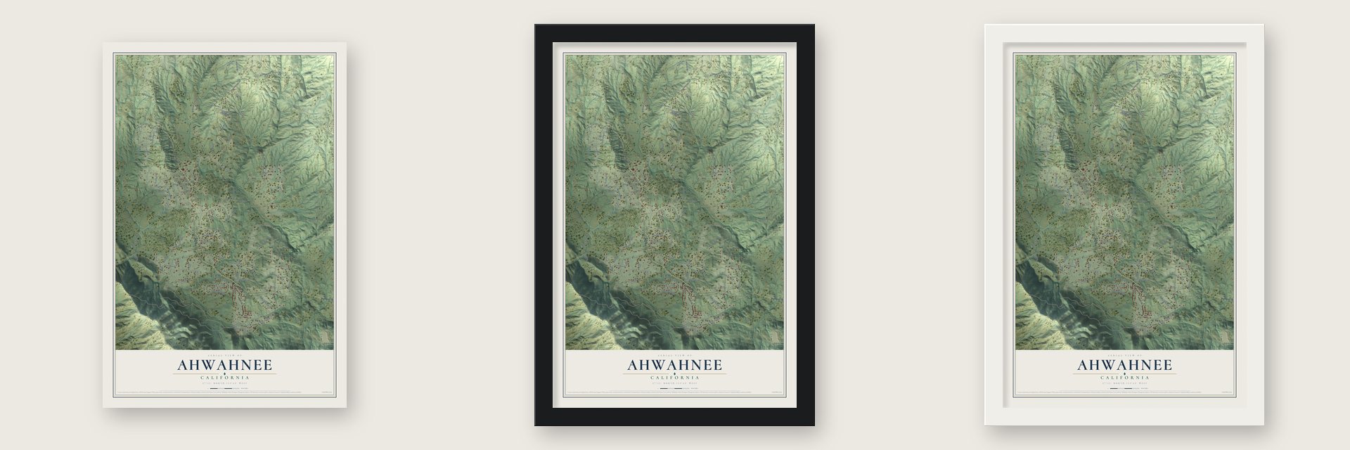 Ahwahnee, California map unframed, in a black wood frame and in a white wood frame
