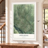 Ahwahnee, California map, 24 x 36 inch print in a white frame by a staircase