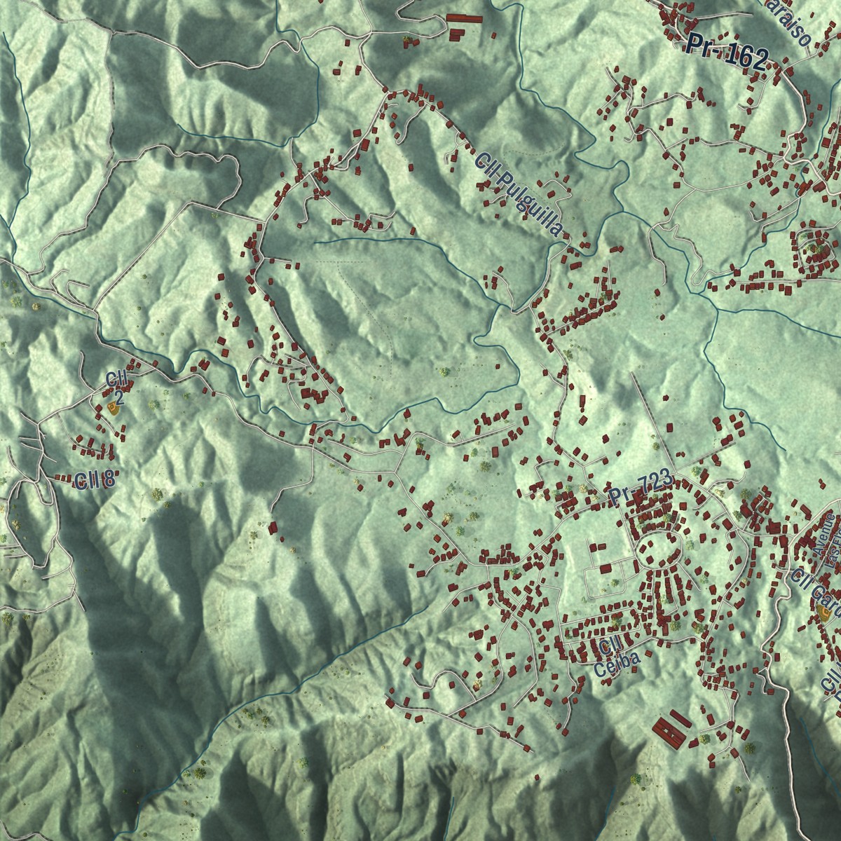 Second close-up of the map of Aibonito, Puerto Rico print showing more streets and buildings