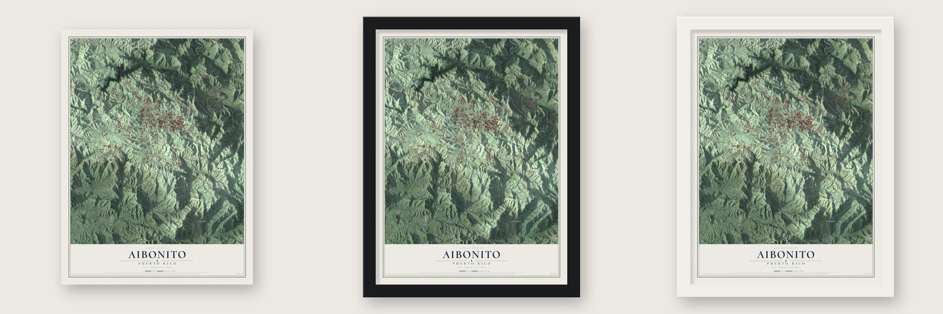 Aibonito, Puerto Rico map unframed, in a black wood frame and in a white wood frame