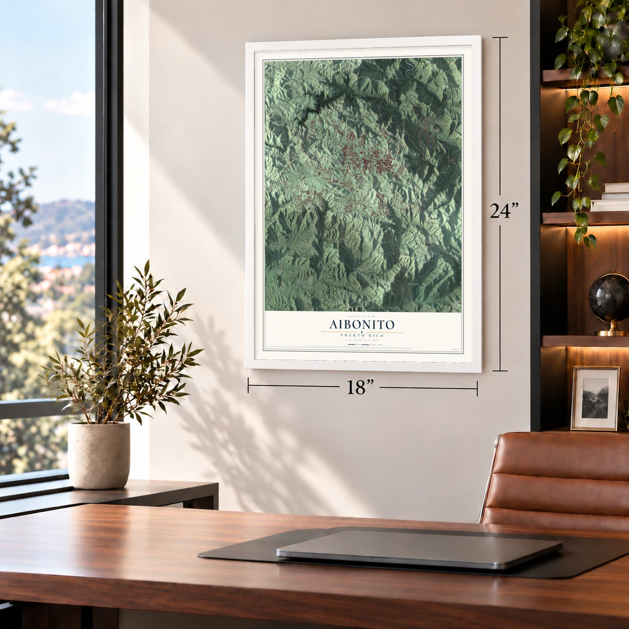 Aibonito, Puerto Rico map, 18 x 24 inch print in a white frame in a home office
