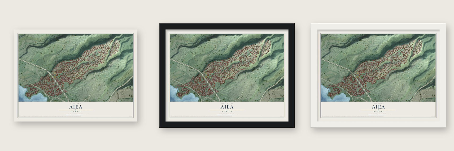 Aiea, Hawaii map unframed, in a black wood frame and in a white wood frame