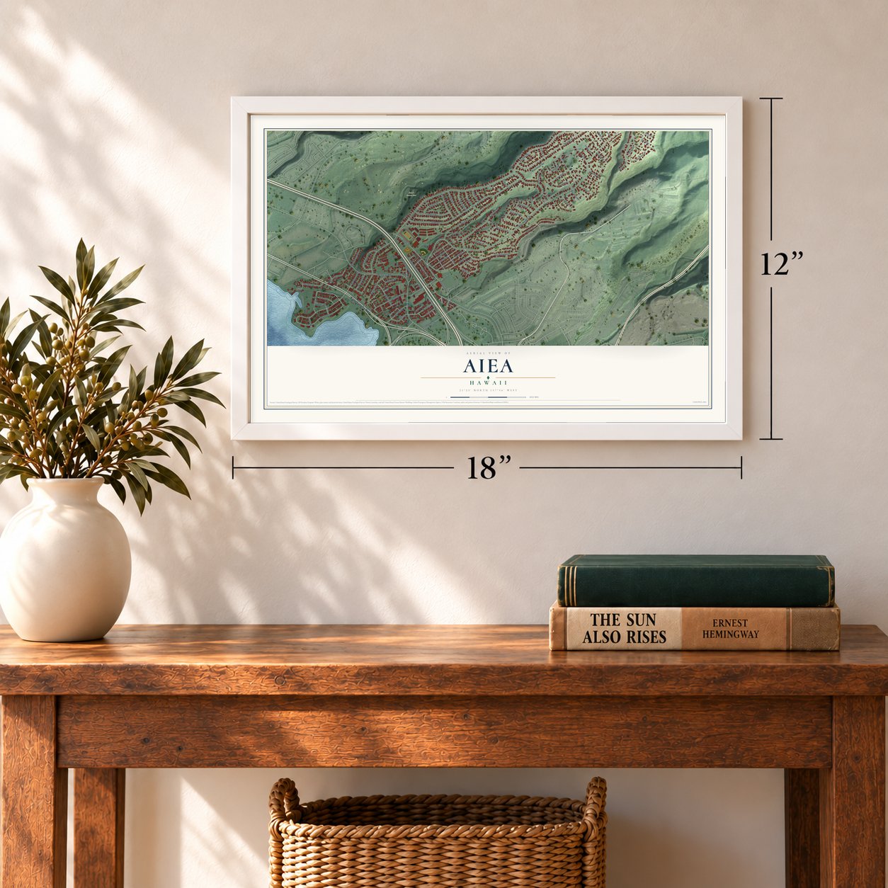 Aiea, Hawaii map, 12 x 18 inch print in a white frame in an entryway