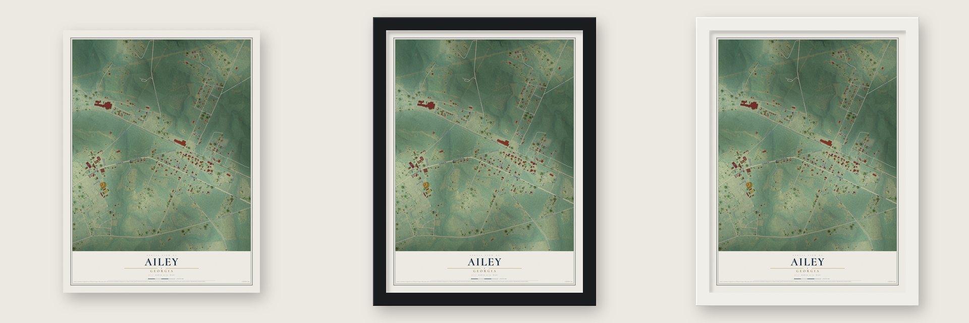 Ailey, Georgia map unframed, in a black wood frame and in a white wood frame