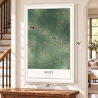 Ailey, Georgia map, 24 x 36 inch print in a white frame by a staircase