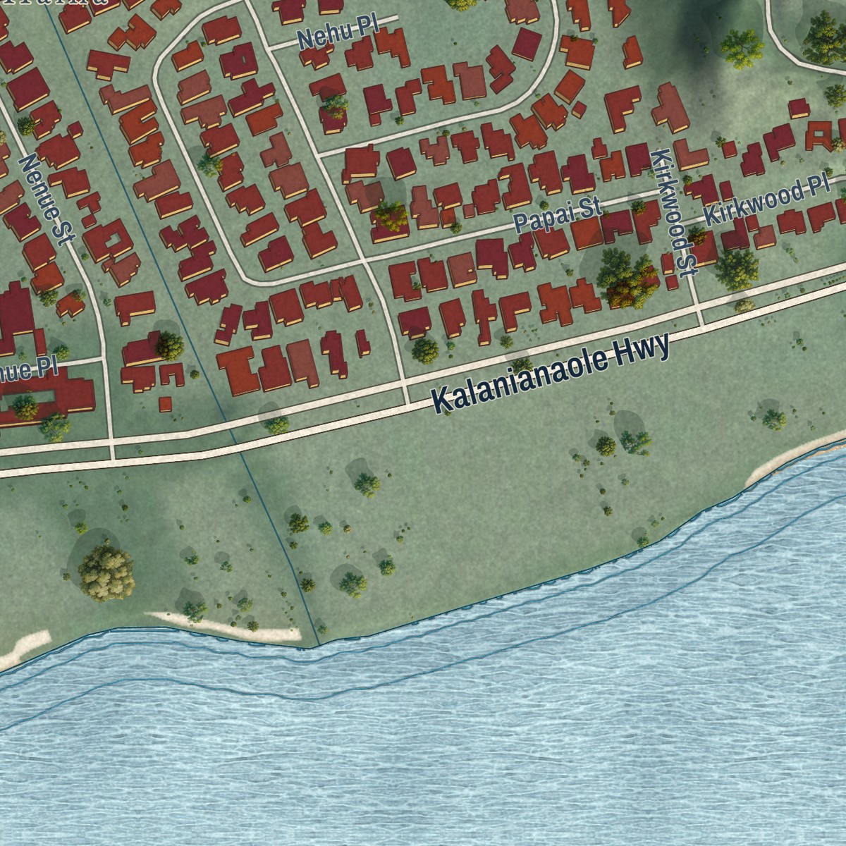 Second close-up of the map of Aina Haina, Hawaii print showing more streets and buildings