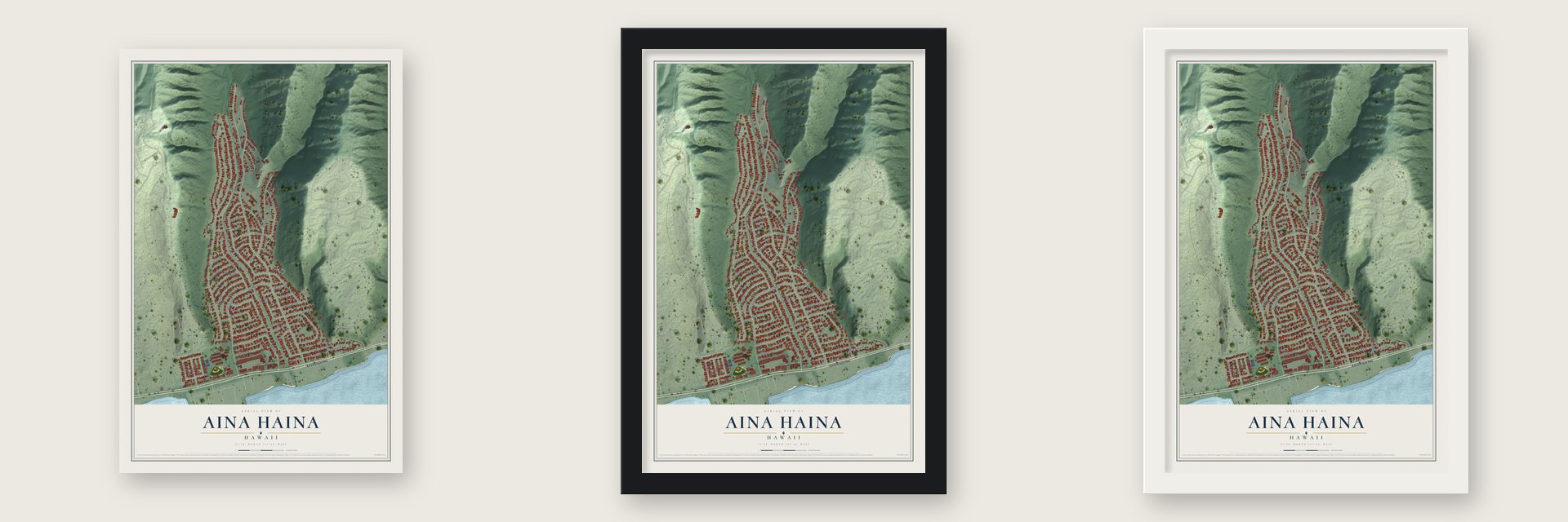Aina Haina, Hawaii map unframed, in a black wood frame and in a white wood frame
