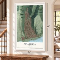 Aina Haina, Hawaii map, 24 x 36 inch print in a white frame by a staircase