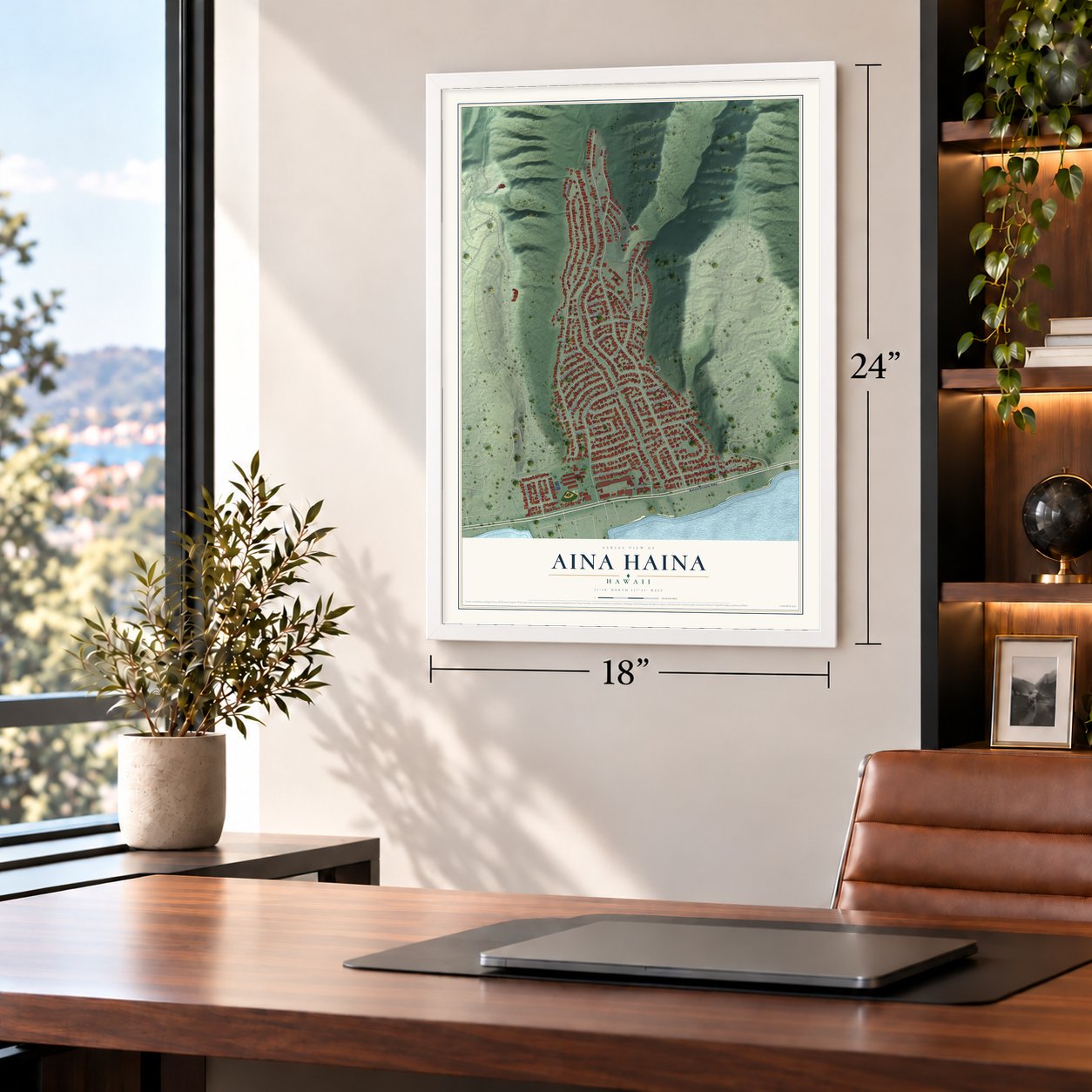 Aina Haina, Hawaii map, 18 x 24 inch print in a white frame in a home office