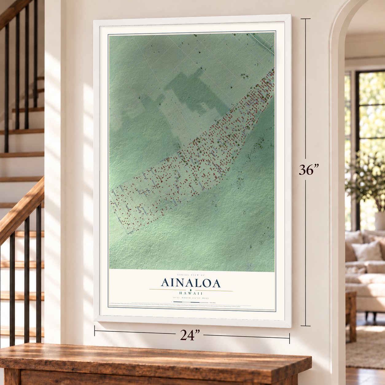 Ainaloa, Hawaii map, 24 x 36 inch print in a white frame by a staircase