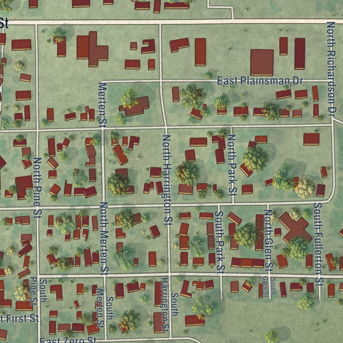 Second close-up of the map of Ainsworth, Nebraska print showing more streets and buildings