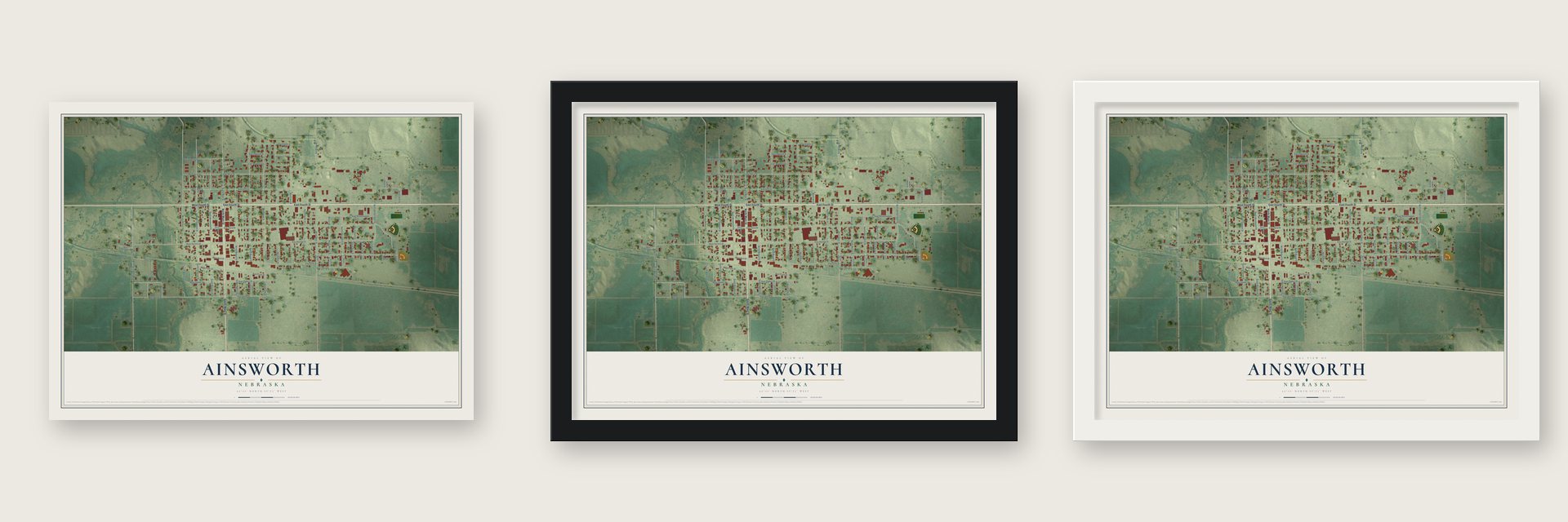 Ainsworth, Nebraska map unframed, in a black wood frame and in a white wood frame