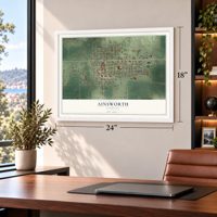 Ainsworth, Nebraska map, 18 x 24 inch print in a white frame in a home office