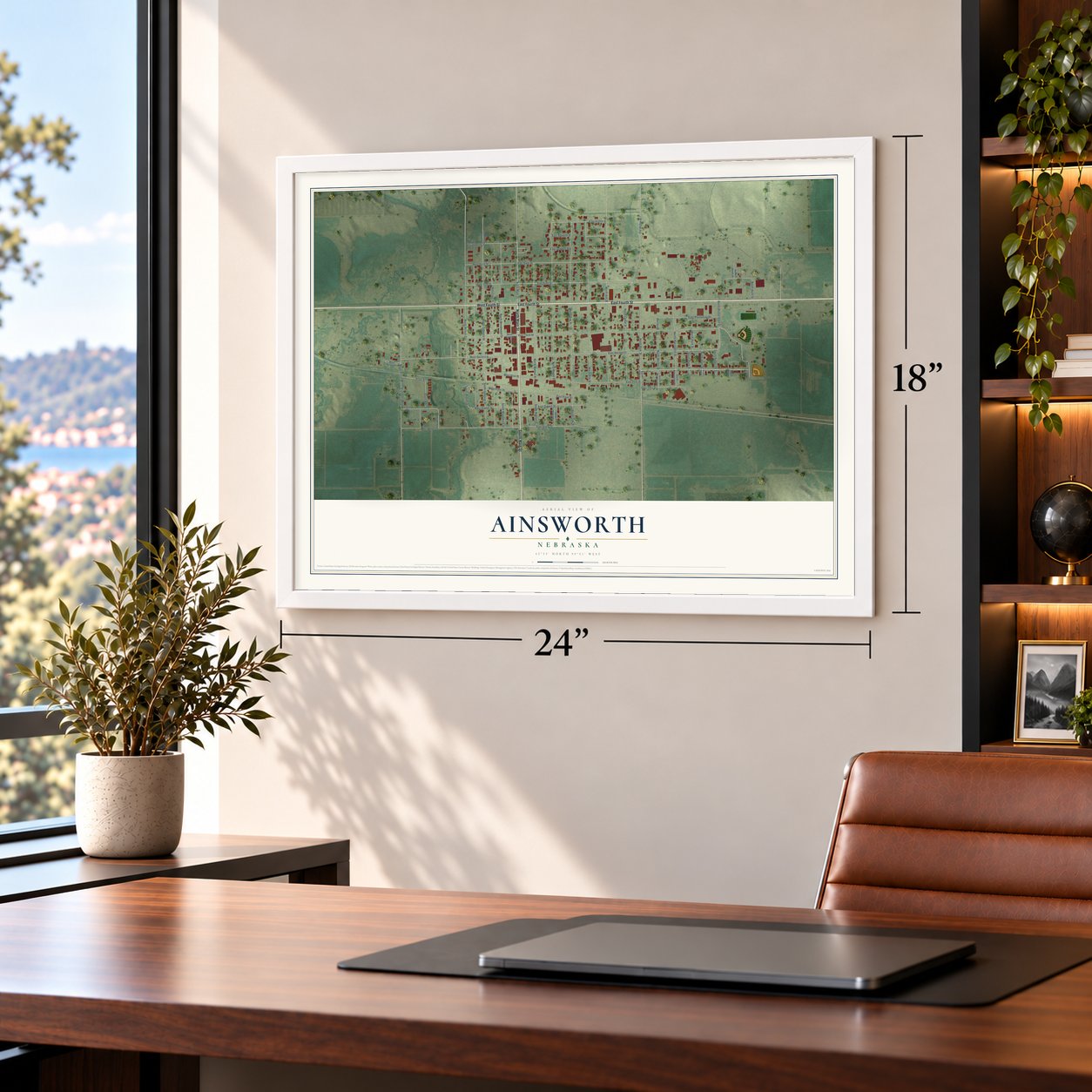 Ainsworth, Nebraska map, 18 x 24 inch print in a white frame in a home office