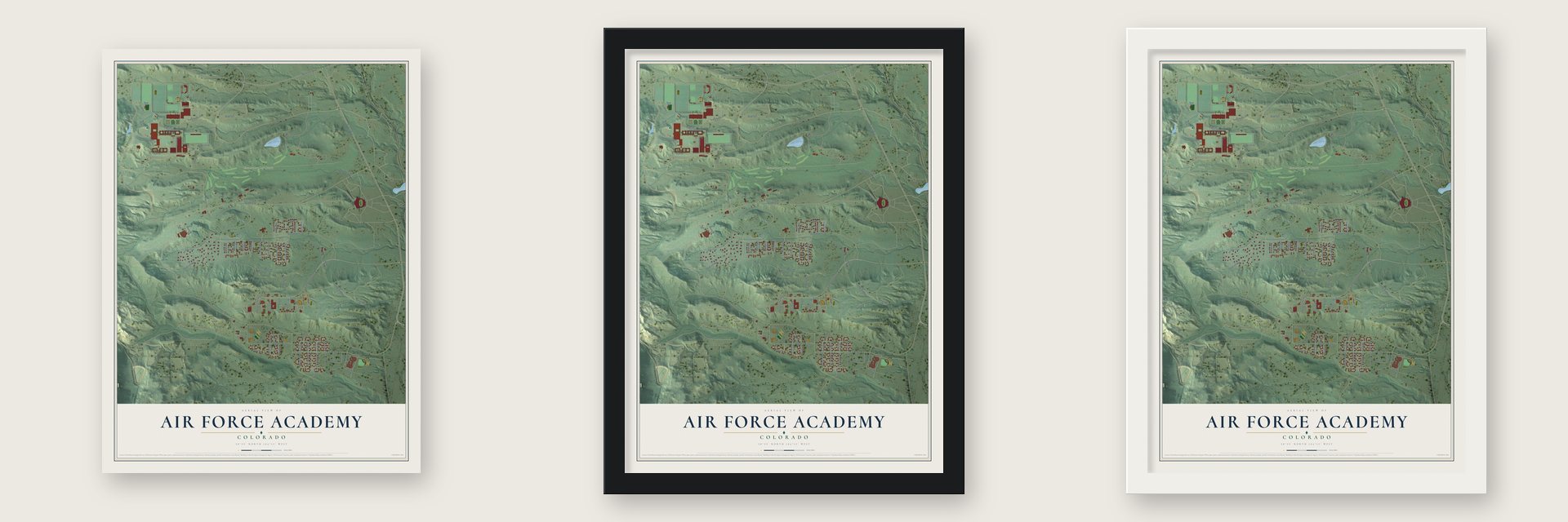 Air Force Academy, Colorado map unframed, in a black wood frame and in a white wood frame
