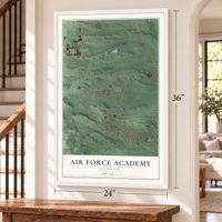 Air Force Academy, Colorado map, 24 x 36 inch print in a white frame by a staircase