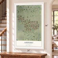 Airport, California map, 24 x 36 inch print in a white frame by a staircase