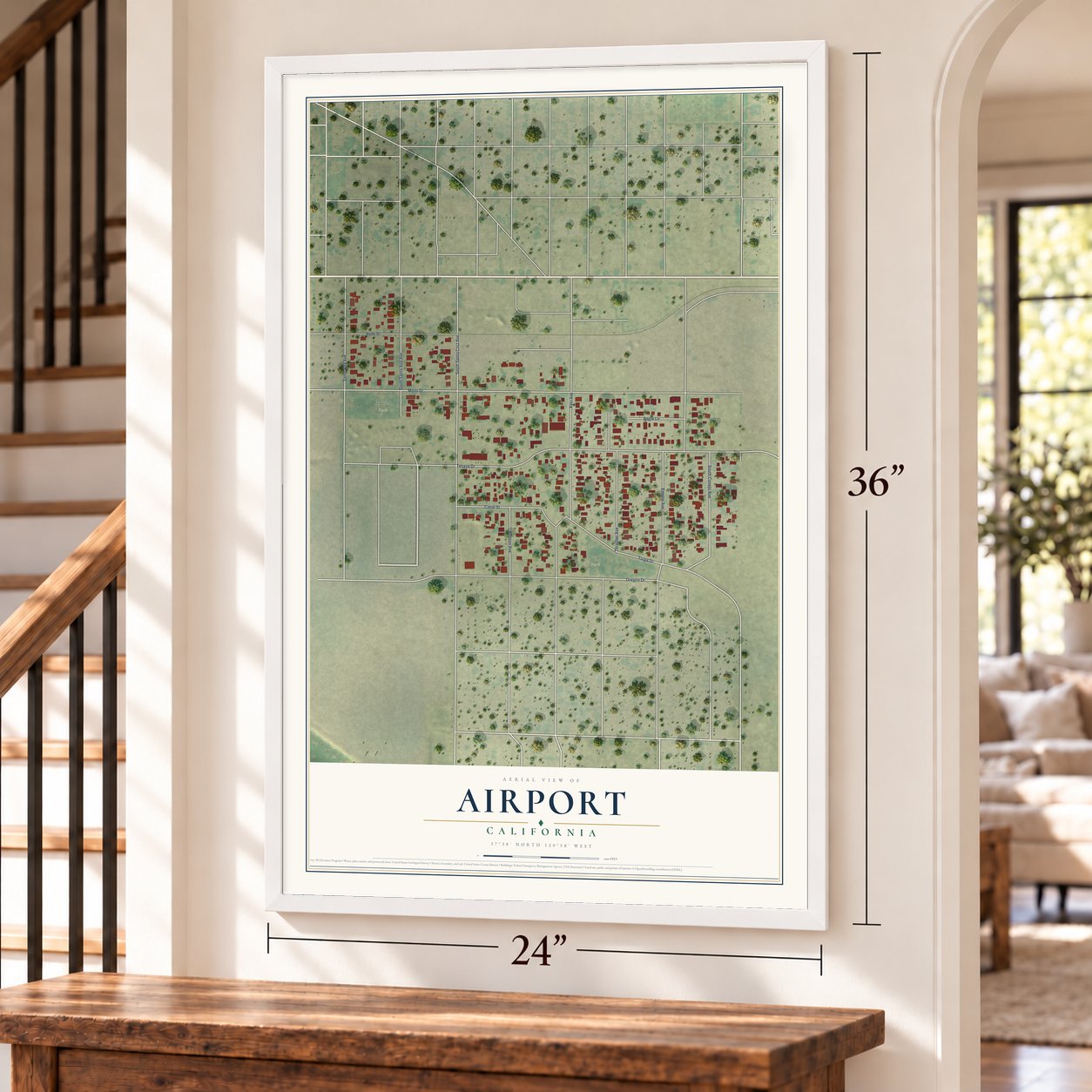 Airport, California map, 24 x 36 inch print in a white frame by a staircase