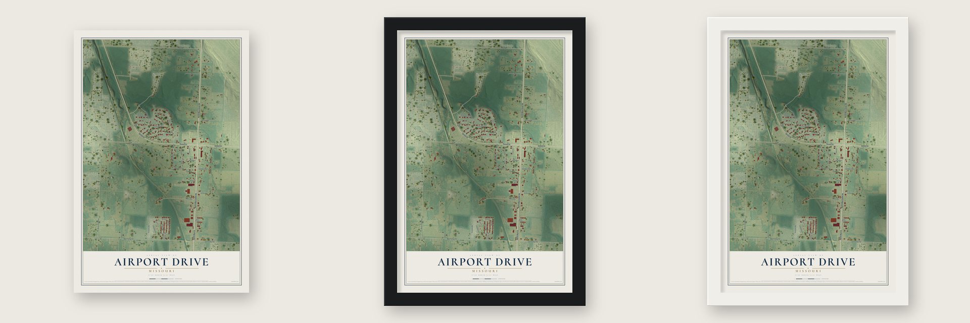 Airport Drive, Missouri map unframed, in a black wood frame and in a white wood frame