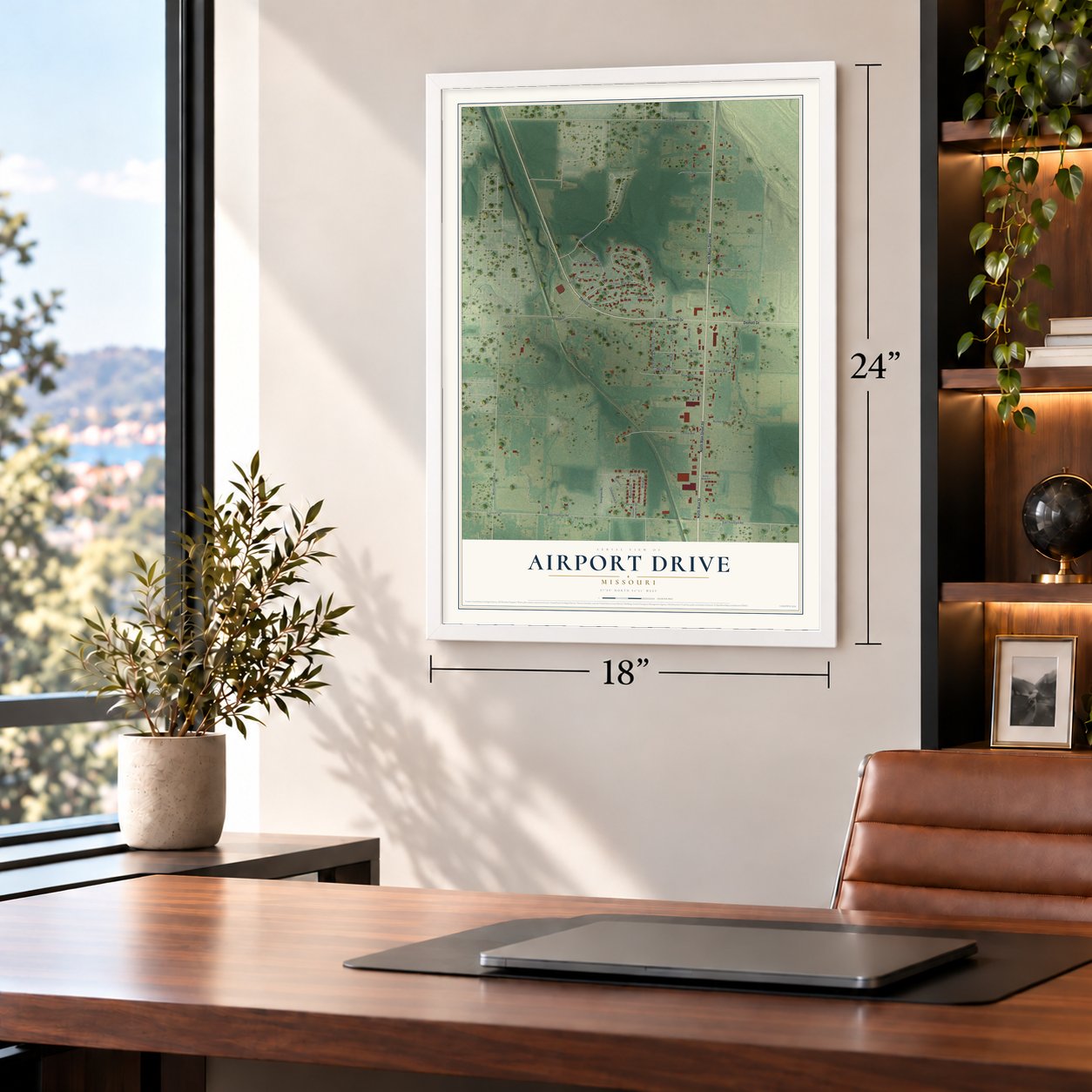 Airport Drive, Missouri map, 18 x 24 inch print in a white frame in a home office
