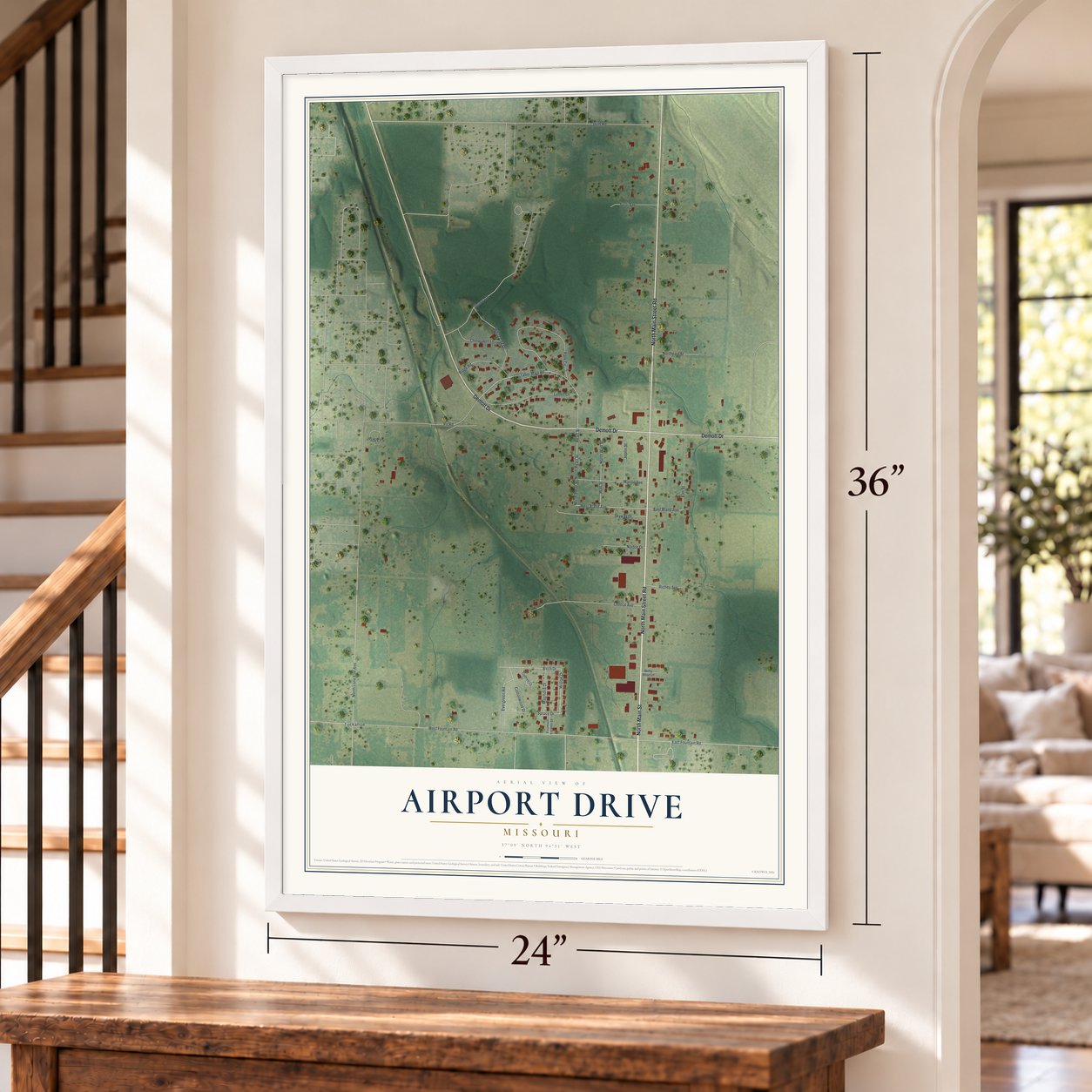 Airport Drive, Missouri map, 24 x 36 inch print in a white frame by a staircase