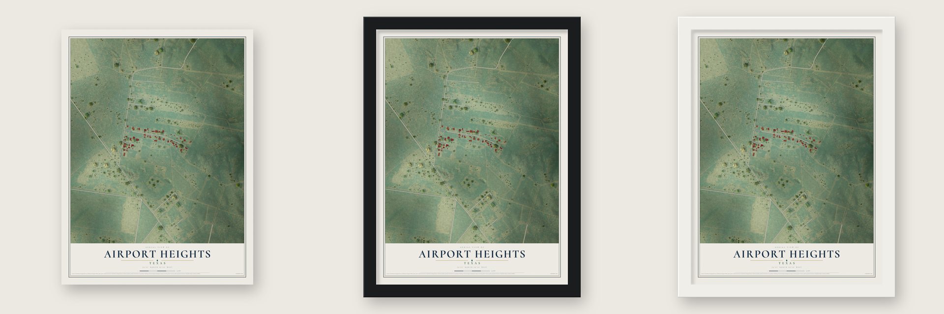 Airport Heights, Texas map unframed, in a black wood frame and in a white wood frame