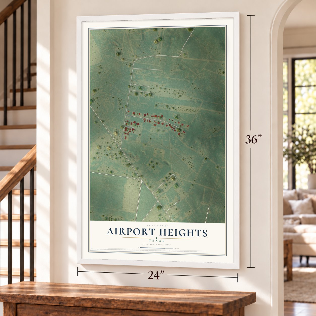 Airport Heights, Texas map, 24 x 36 inch print in a white frame by a staircase