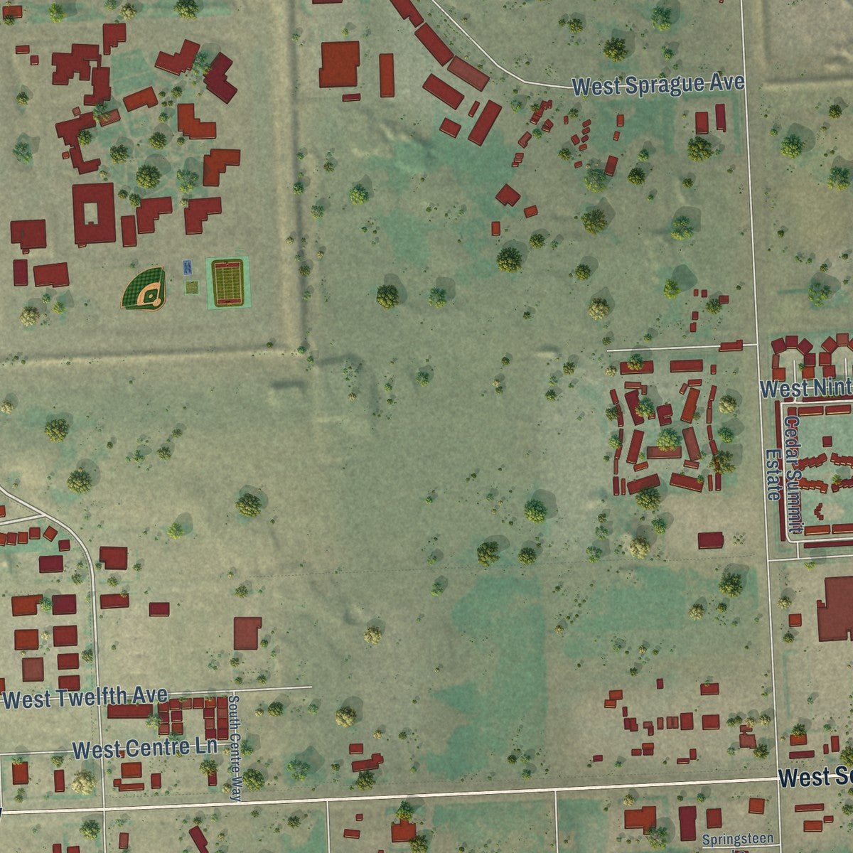 Second close-up of the map of Airway Heights, Washington print showing more streets and buildings