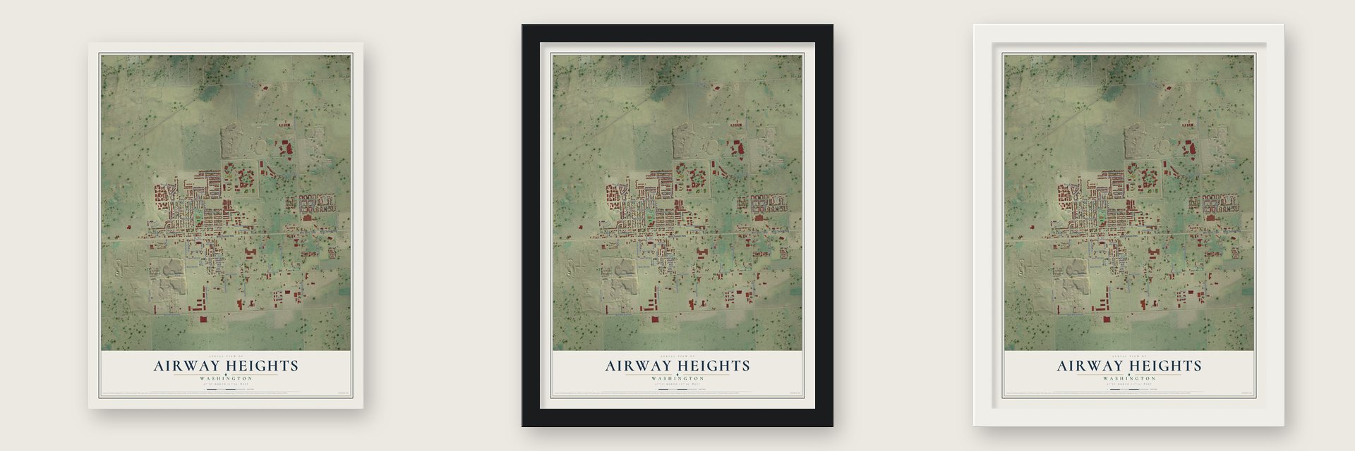 Airway Heights, Washington map unframed, in a black wood frame and in a white wood frame