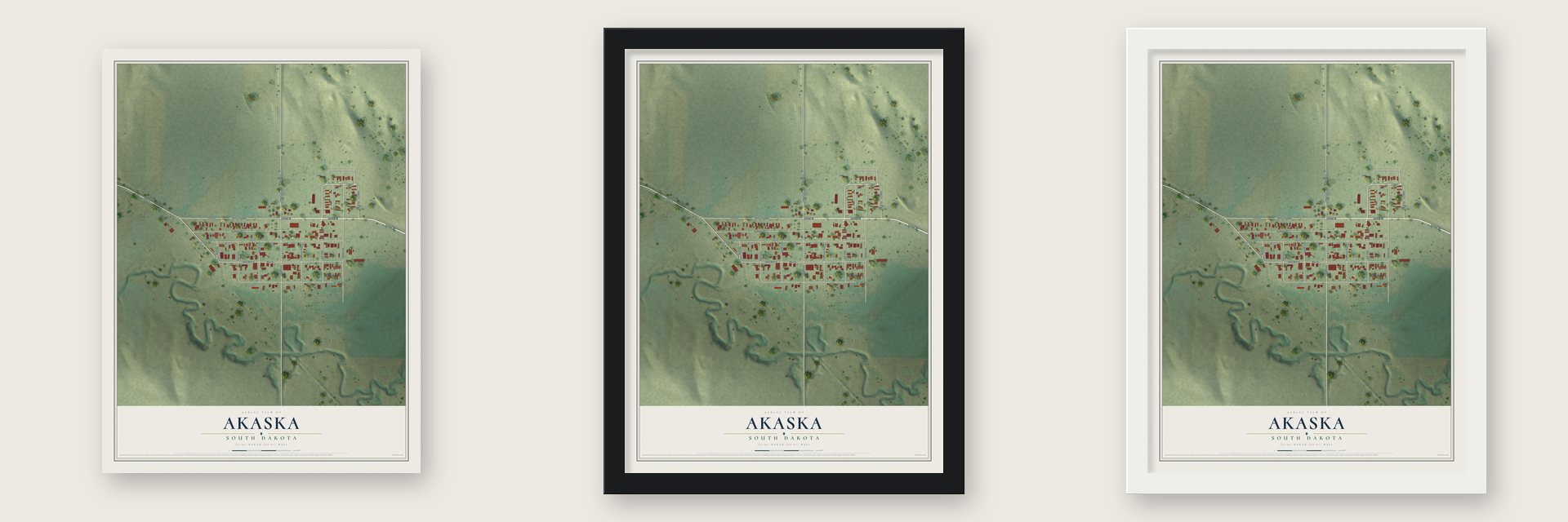 Akaska, South Dakota map unframed, in a black wood frame and in a white wood frame