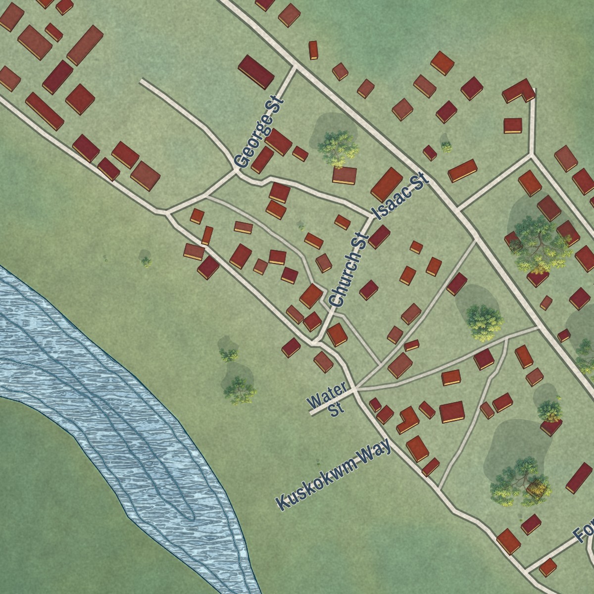Second close-up of the map of Akiachak, Alaska print showing more streets and buildings