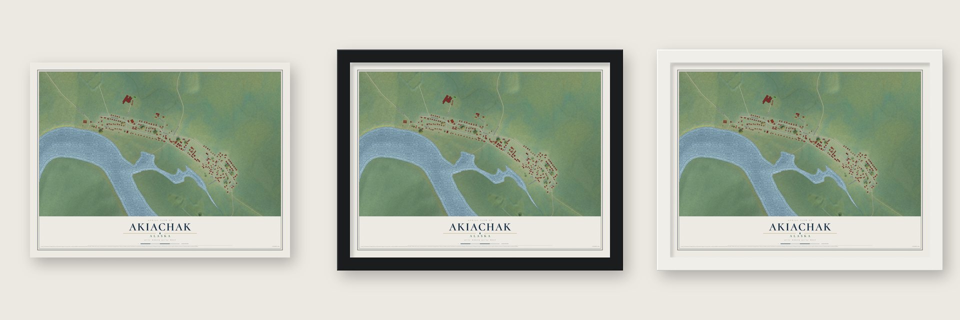 Akiachak, Alaska map unframed, in a black wood frame and in a white wood frame