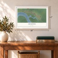Akiachak, Alaska map, 12 x 18 inch print in a white frame in an entryway