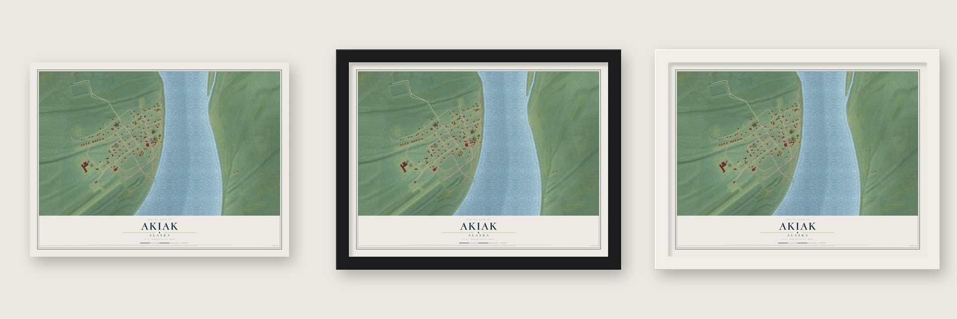 Akiak, Alaska map unframed, in a black wood frame and in a white wood frame