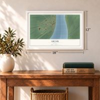 Akiak, Alaska map, 12 x 18 inch print in a white frame in an entryway