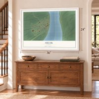 Akiak, Alaska map, 24 x 36 inch print in a white frame above a dresser by a staircase