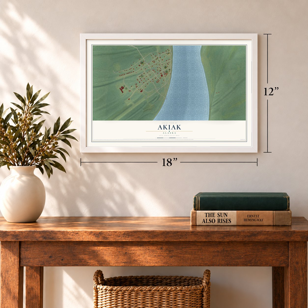 Akiak, Alaska map, 12 x 18 inch print in a white frame in an entryway