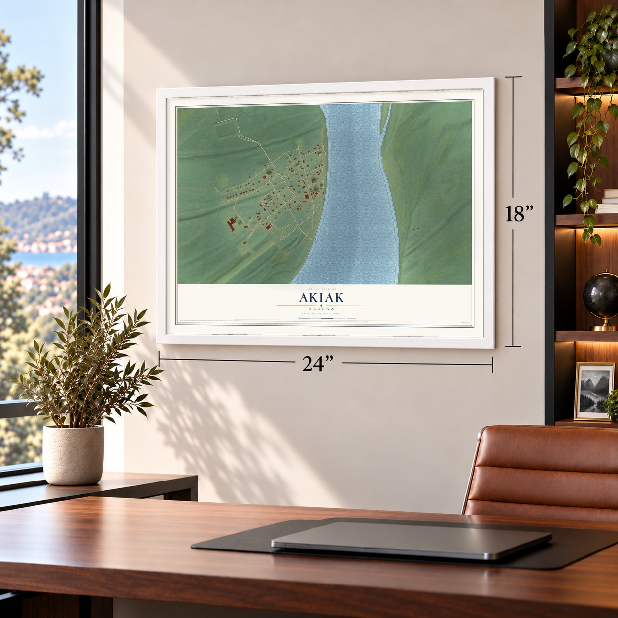 Akiak, Alaska map, 18 x 24 inch print in a white frame in a home office