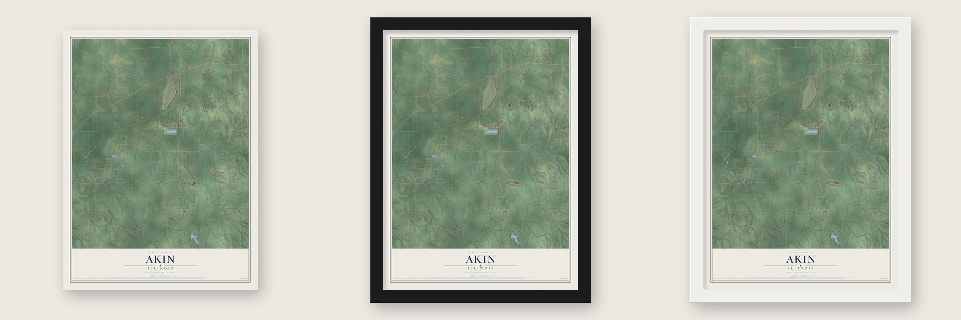 Akin, Illinois map unframed, in a black wood frame and in a white wood frame