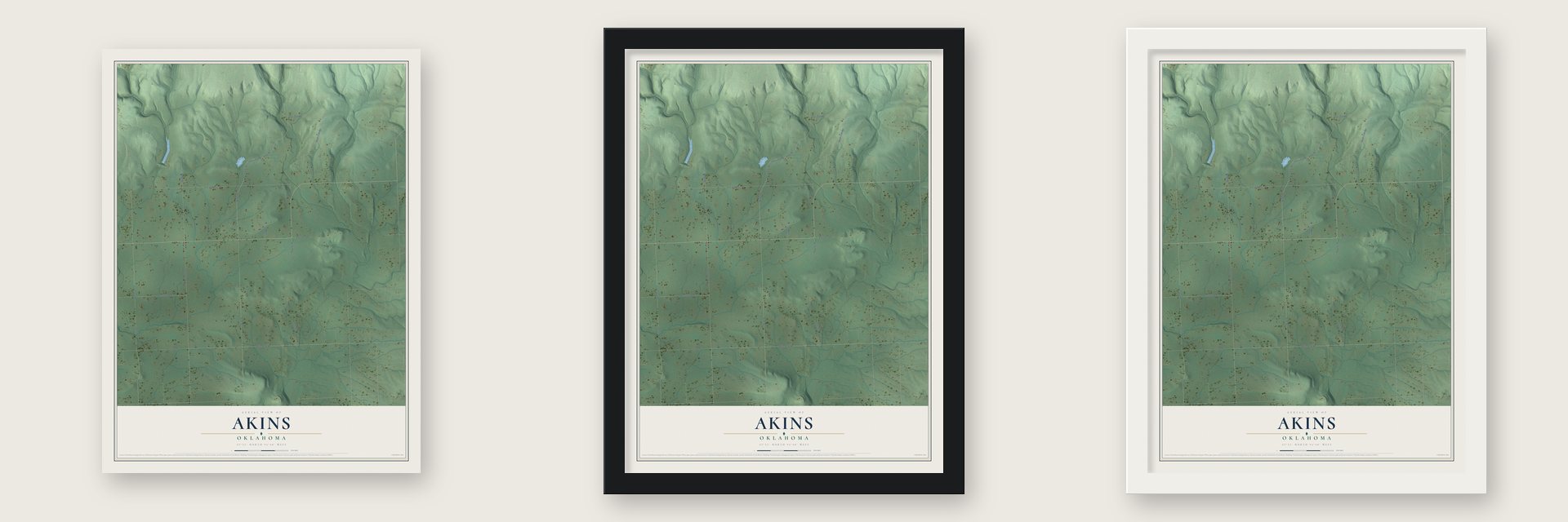 Akins, Oklahoma map unframed, in a black wood frame and in a white wood frame