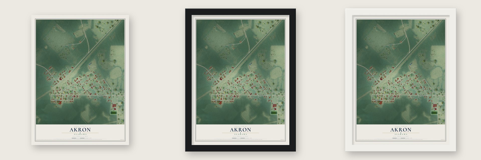 Akron, Alabama map unframed, in a black wood frame and in a white wood frame