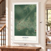 Akron, Alabama map, 24 x 36 inch print in a white frame by a staircase