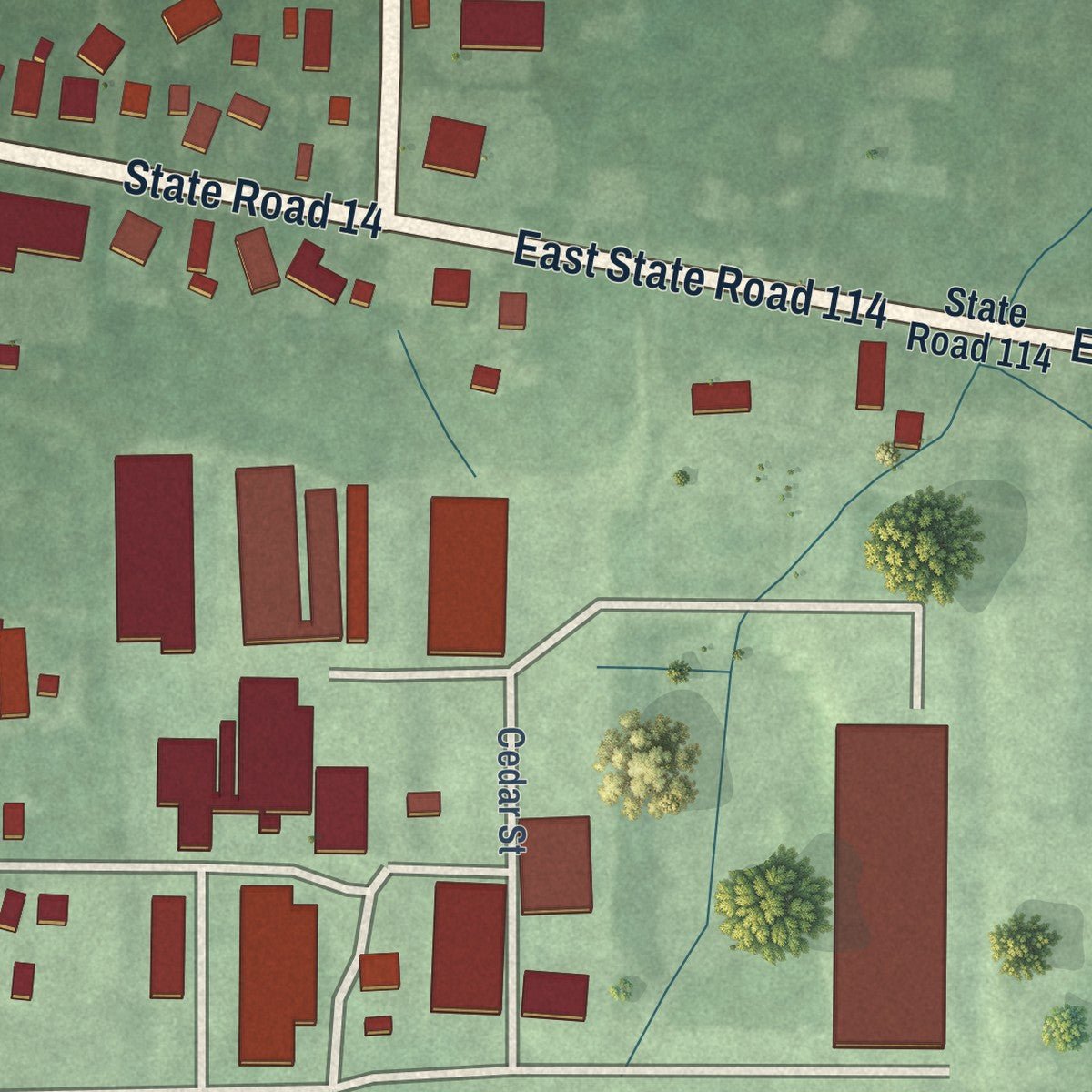 Second close-up of the map of Akron, Indiana print showing more streets and buildings