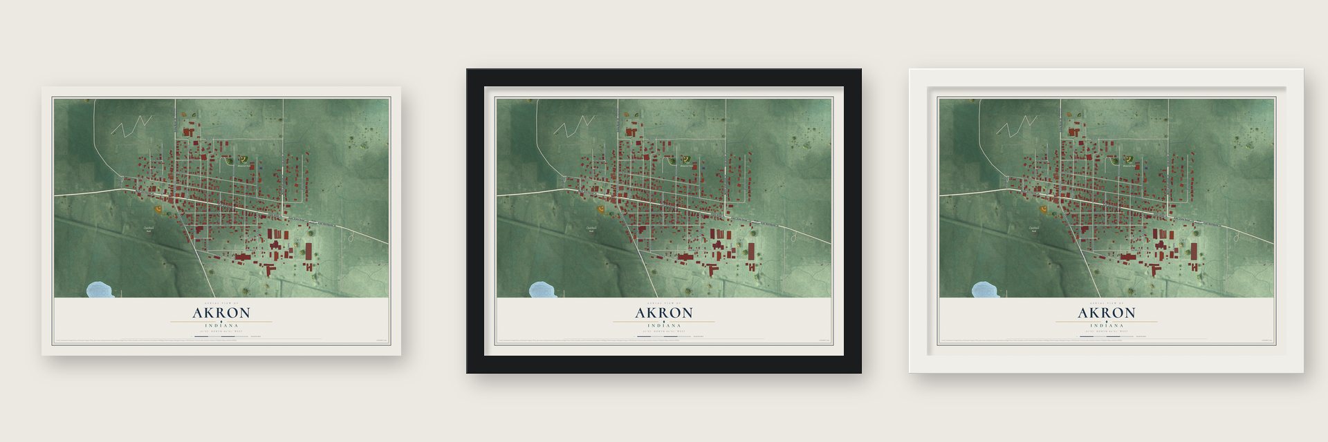 Akron, Indiana map unframed, in a black wood frame and in a white wood frame